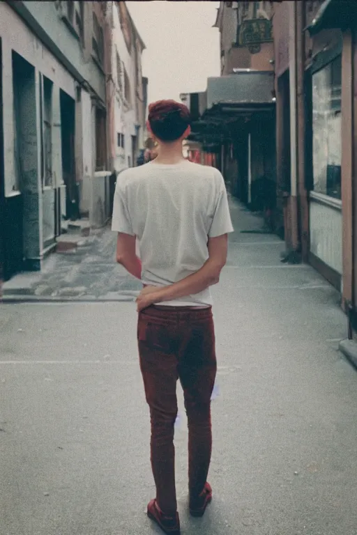 Prompt: kodak ultramax 4 0 0 photograph of a skinny guy standing in street, back view, grain, faded effect, vintage aesthetic, vaporwave colors,