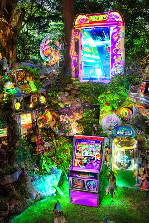 Image similar to al fresco arcade holographic pinball tables in the garden ruins, tree spirits kodama forestfolk excitedly gather round to set a new high score, neon pinball fantasy forest festival