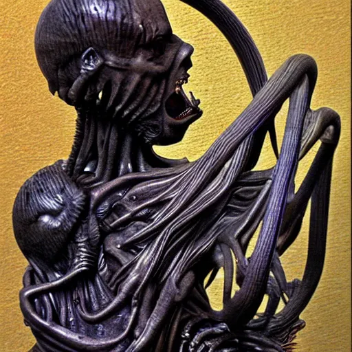 Prompt: Giger sculpture of the Goya painting called Saturn devouring his son, art by HR Giger, Giger art, extremely detailed, 4k