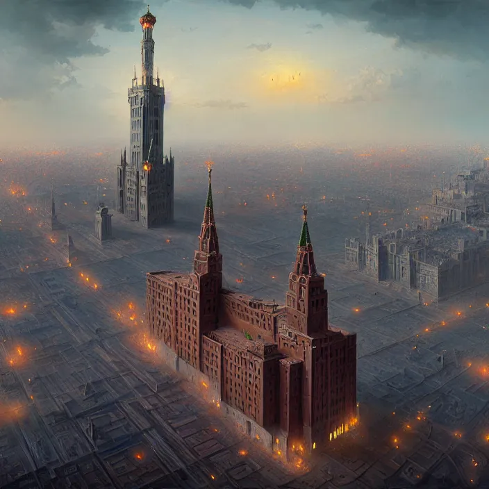 Image similar to matte painting by marc simonetti, jonathan solter, greg rutkowski of a moscow state university building, masterpiece, cinematic, hyperdetailed, photorealistic, hyperrealism, architecture, aerial view,