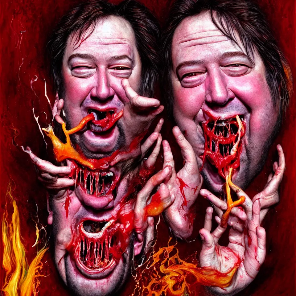 Image similar to happy and funny psychedelic bill hicks eating rotten flesh, laughing and puking blood, diffuse lighting, fantasy, intricate, elegant, highly detailed, lifelike, photorealistic, digital painting, artstation, illustration, concept art, smooth, sharp focus, art by francis bacon