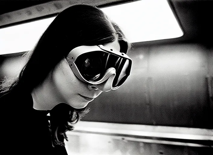 Image similar to close - up portrait of a young woman wearing a choker and welding goggles, in a subway, richard avedon, tri - x pan