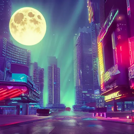 Prompt: a cityscape with a big moon, vaporwave, synthwave, glowing neon lights, detailed illustration, octane render, god rays, intricate, epic lighting, cinematic composition, hyper realistic, 8 k resolution, unreal engine 5, by artgerm, tooth wu, dan mumford, beeple, wlop, artstation