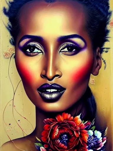 Image similar to portrait of iman with a floral background : : painted by artgerm, karol bak, artur bordalo, sandra chevrier : : portrait, character, illustration, hyperrealism, photorealism