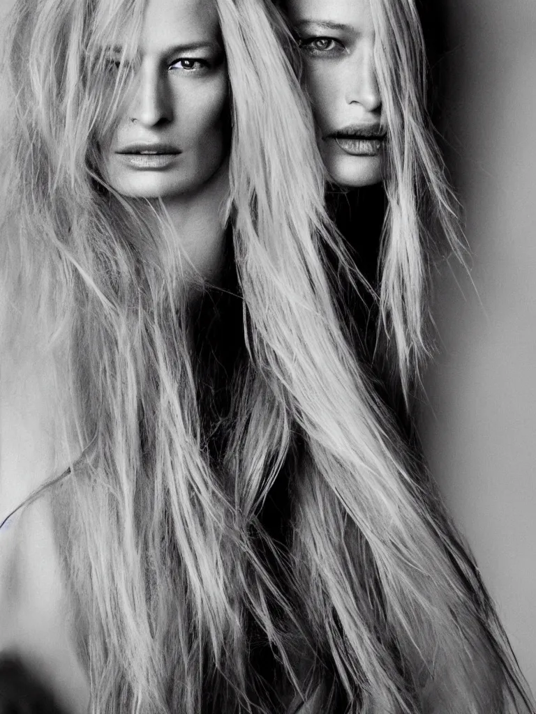 Prompt: fashion photography of carolyn murphy with symmetrical features and beautiful, flowing long blonde hair with a disdainful and arrogant expression, dark minimal outfit, photo 3 5 mm leica, hyperdetail, berghain, 8 k, very detailed, photo by nick knight