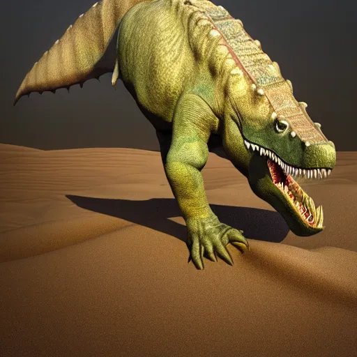 Prompt: photography, 3 d render, dinosaur, sand