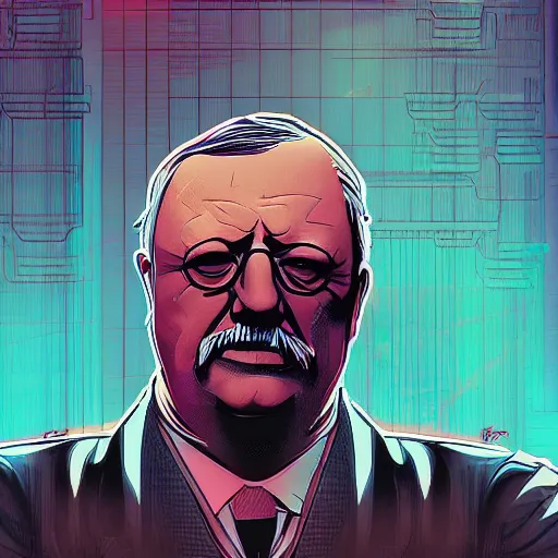 Image similar to cyberpunk theodore roosevelt as the leader of a futuristic communist nation, cybernetics, sharp lines, digital, artstation, colored in
