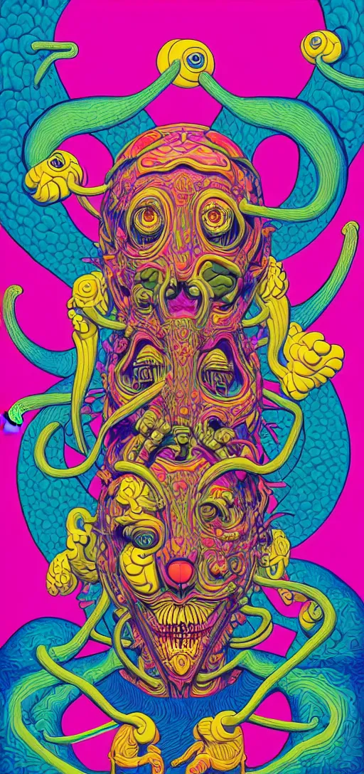 Prompt: dmt creature portraits in the style of kaws, victo ngai, lisa frank, francis goya, basil wolverton, roy litchenstein, mc escher style