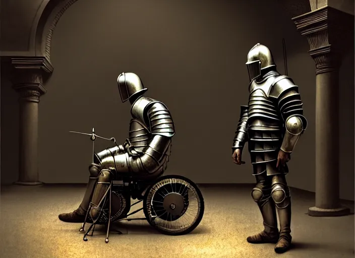 Prompt: knight in armor in a motorcycle dirt helmetin a wheelchair do tricks & watch old tv, rome, highly detailed, soft lighting, elegant, by edward hopper and james gillard, zdislaw beksinski, stephen outram, andreas m wiese, highly detailed, masterpiece. fashion studio lighting. edward _ hopp, unreal 6, 8 k