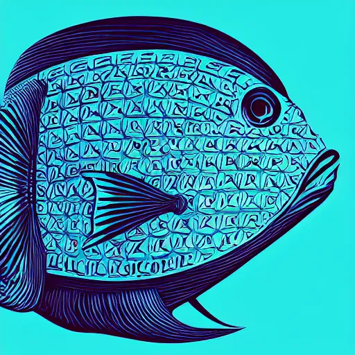 Image similar to profile of one stylized fish in center of view, dark ocean, complex patterns, artstation, intricate, realistic, highly detailed, digital painting, concept art, sharp focus, illustration by tom whalen and charles williams and kilian eng and james jean