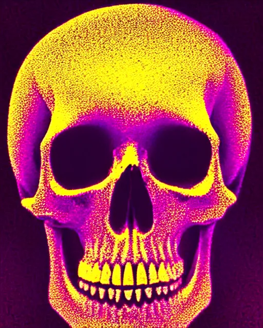 Image similar to glow, chromatic aberration, prismatic, skull, cinematic, retro, vintage, cool, unique, interesting, original, vhs quality