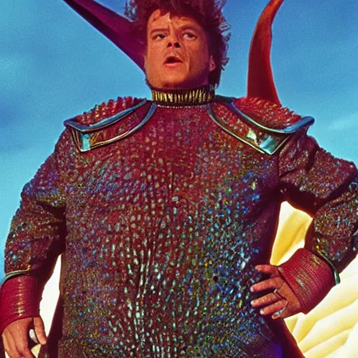 Prompt: Jodorowsky's Dune movie, Marlon Brando as Baron Harkonnen, mail coif!!! cap!!! and outfit covered in colorful scales and jewels, cinematic, cinestill 400t film