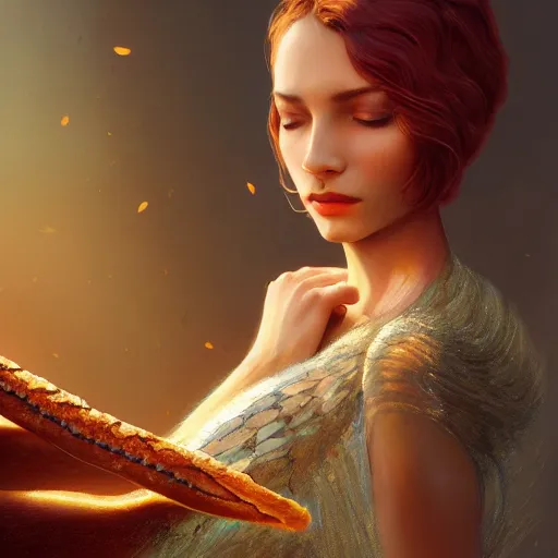 Prompt: A man devoured by a baguette snake, fantasy, high detail, elegant, digital painting, cinematic lighting, vibrant, intricate, textured skin, highly detailed, artstation, sharp, focus, HDR, unreal engine 5, breathtaking, illustration, Anna Dittmann, Ilya Kuvshinov, Nikolay Makovsky