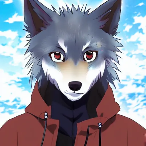 Image similar to key anime visual portrait of an anthropomorphic anthro wolf fursona, in a jacket, with handsome eyes, official modern anime art