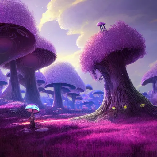 Image similar to concept art painting of a fantasy alien fungal landscape at night, magenta trees, glowing blue mushrooms, village of houses made of mushrooms, dark purple sky, realistic, detailed, cel shaded, in the style of makoto shinkai and greg rutkowski and albert bierstadt and james gurney