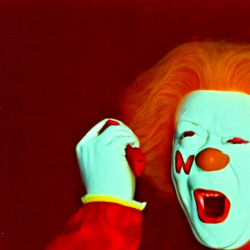 Image similar to creppy 2 0 0 1 photo of ronald mcdonald screaming in a dark room