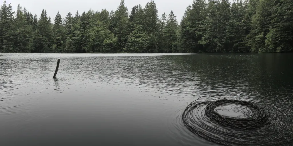 Image similar to centered photograph of an infinitely long rope zig zagging across the surface of the water, floating submerged rope stretching out towards the center of the lake, a dark lake on a cloudy day, color film, trees in the background, hyperedetailed photo, anamorphic lens