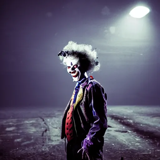 Prompt: POrtrait of a Clown Vampire in a desolate abandoned post-apocalyptic industrial city at night, moody blue lighting