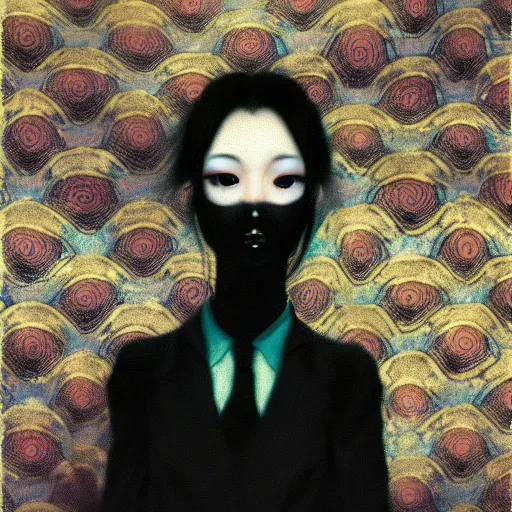 Image similar to yoshitaka amano blurred and dreamy realistic portrait of a young woman with black lipstick and black eyes wearing dress suit with tie, junji ito abstract patterns in the background, face in three quarter view, satoshi kon anime, noisy film grain effect, highly detailed, renaissance oil painting, weird portrait angle, blurred lost edges
