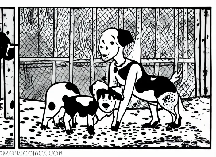 Prompt: punk girl and duchess with a dalmatian piglet in a park. comic style