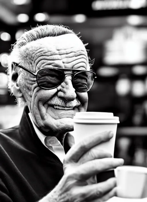 Prompt: stan lee sitting inside starbucks taking a picture of his drink cup with his iphone 1 2, black and white photo, real, photorealistic