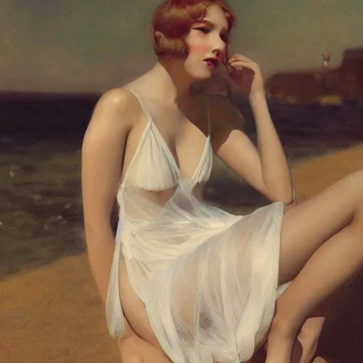Image similar to a beautiful woman in an elegant see-thru white dress, wearing a black bikini underneath, 1920s, by Ilya Repin and WLOP, 8k octane render