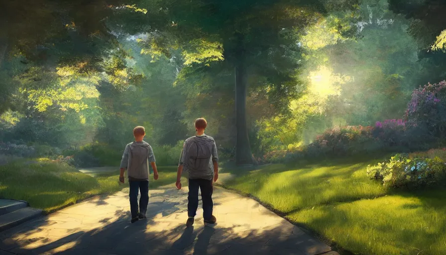 Image similar to father and son walking in brookside gardens, sunny day, volumetric light, hyperdetailed, artstation, cgsociety, 8 k