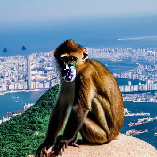 Image similar to high quality portrait of a monkey in front of Christ The Redeemer, studio photograph, photograph, realistic photo, 8k photo, 4k photo, stock photo, high resolution, cinematic shot, high detail