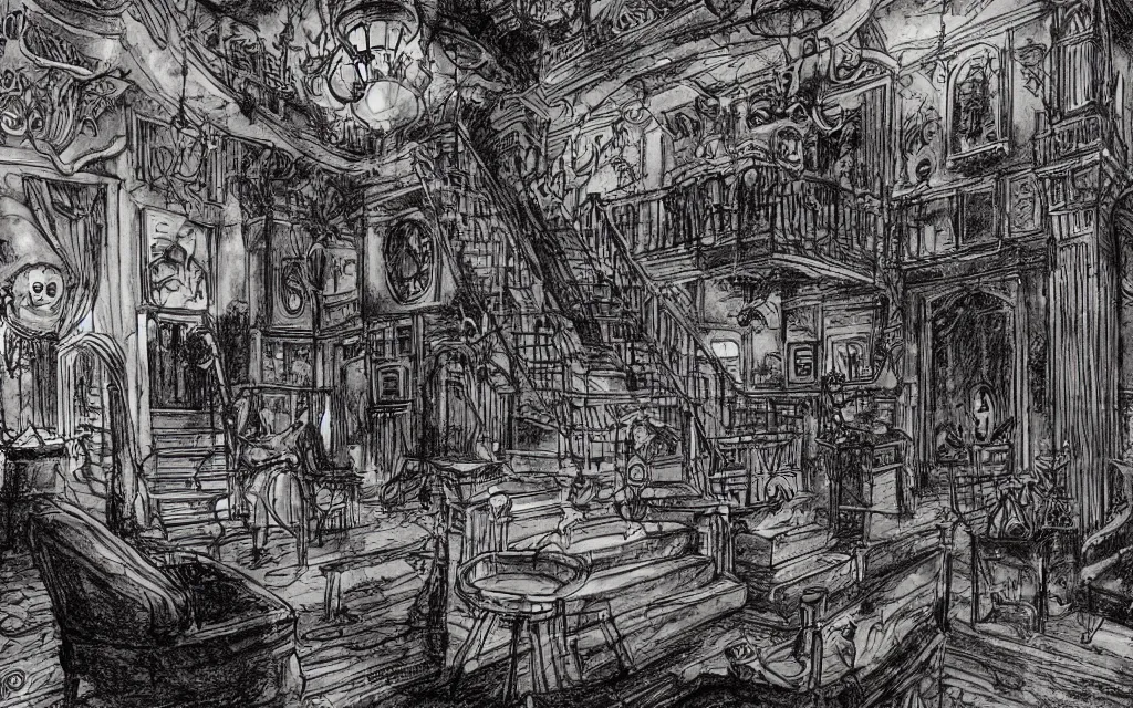 Image similar to haloween lovecraftian mansion interior epic, drawn by pete amachree