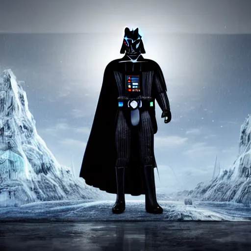 Prompt: darth vader's back in silhouette is in the foreground on the left, in the background on the right is is a superhero man who is made of ice, dangerous icy environment, cinematic, graphic novel, matte fantasy painting, extremely high detail, photo realistic, 4k, post processed, Artstation