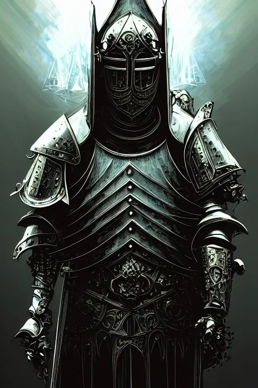 Image similar to Walter White beautiful luxury and evil and victorian and gothic medieval white armor knight portrait+front face, ultradetail face, ruined gothic cathedral, art and illustration by tian zi and craig mullins and WLOP and alphonse mucha, ssci-fi, fantasy, intricate complexity, human structure, hypermaximalist, fantasy character concept, dynamic lighting, neon light, watermark, blurry, hyperrealism 8k