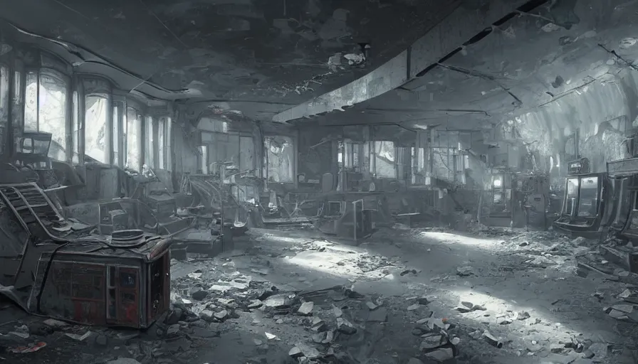 Prompt: Interior of an abandoned dusty arcade room, hyperdetailed, artstation, cgsociety, 8k