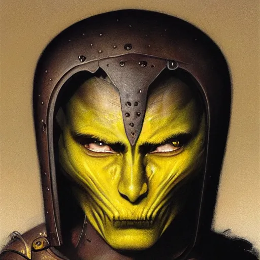 Prompt: ( ( ( head and shoulders portrait of a gaunt noseless yellow - skinned bald githyanki warrior in a breastplate ) ) ), greg rutkowski, frank frazetta, alexandre chaudret, boris vallejo, michael whelan, miro petrov, hr giger, magali villeneuve, donato giancola, d & d, fantasy, medieval