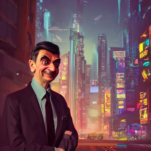 Prompt: mr bean, head and shoulder shot, cyberpunk city, city background, 4k, beautiful face, trending on artstation, digital art