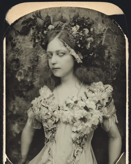 Prompt: a beautiful detailed front view portrait of a dead rotten princess with baroque ornate growing around, flowers, plants, ornamentation, elegant, beautifully soft and dramatic lit, 1 9 1 0 polaroid photo