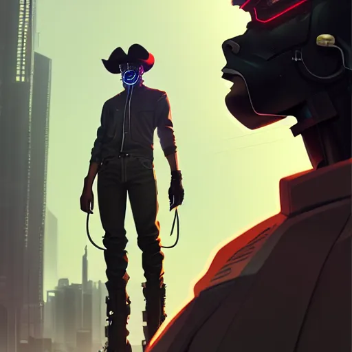 Image similar to a young black cyberpunk cowboy, tech wear, single subject, scenic full shot, ambient lighting, detailed face, by makoto shinkai, stanley artgerm lau, wlop, rossdraws