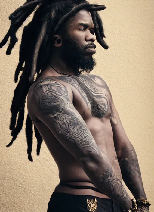 Prompt: Realistic Black man with fire tattoos, Dreadlock hair, city background, artistic pose, light atmosphere, cinematic shot, intricate, ornate, photorealistic, ultra detailed, realistic, 100mm, photography, octane, high definition, depth of field, bokeh, 8k, artstation