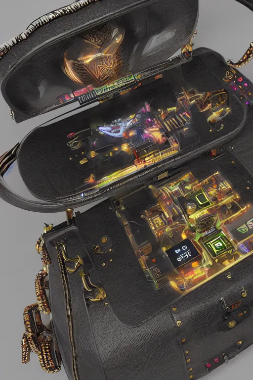 Image similar to photo of a luxury handbag, band merchandise, bandname is tripmachine, tourname is invasion of the tripmachines, realistic digital art, hanbag is textured with a 3 d render of a huge futuristic steampunk generator, 8 k, fluorescent colors, halluzinogenic, multicolored, exaggerated detailed, unreal engine