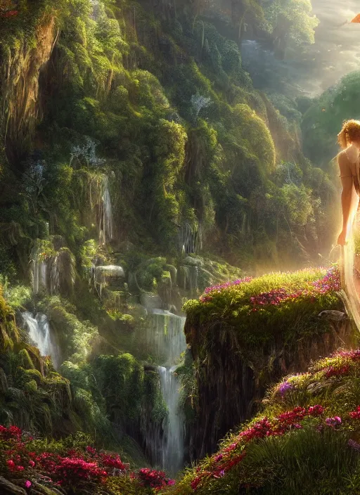 Image similar to an elegant fairy with wings of lace looking out at a lord of the rings scenery landscape, vast lush valley flowers and mushroom structures, stream, sunrise, god's rays highly detailed, vivid color, cinematic lighting, perfect composition, 8 k, gustave dore, derek zabrocki, greg rutkowski, belsinski, octane render