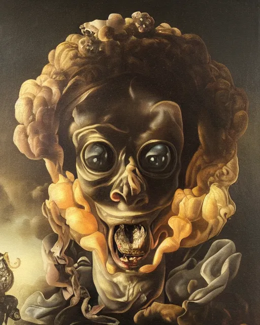 Image similar to refined dutch golden age vanitasgorgeous blended oil painting with black background by christian rex van minnen rachel ruysch dali todd schorr of a chiaroscuro portrait of an extremely bizarre disturbing mutated man with shiny skin acne dutch golden age vanitas intense chiaroscuro cast shadows obscuring features dramatic lighting perfect composition masterpiece