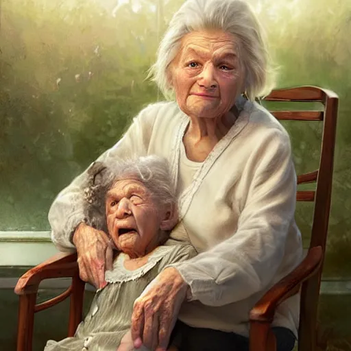 Prompt: epic cinematic hyperrealism masterpiece where a very old woman appears sitting on a rocking chair hugging a 3 year old girl both are white. realistic poster with shaded lighting by craig mallismo, artgerm, jeremy lipkin and michael garmash, unreal engine, radiant light, detailed and complex environment, digital art, art station trends