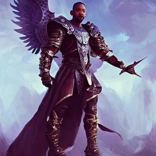 Image similar to will smith fights against demons dressed as a gladiator and with angel wings, cinematic lighting, highly detailed, concept art, art by wlop and artgerm and greg rutkowski, masterpiece, trending on artstation, 8 k