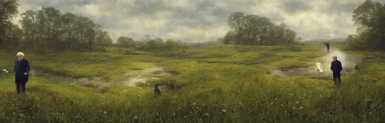 Prompt: A meadow with Boris Johnson standing in the middle of a stream, wide landscape, illustration, detailed, smooth, soft, warm, by Adolf Lachman, Shaun Tan, Surrealism