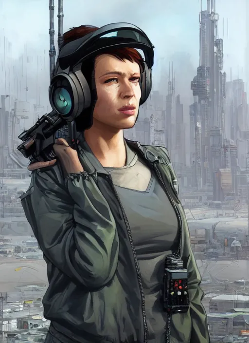 Image similar to Feminist Maria. Gorgeous female cyberpunk mechanic wearing a cyberpunk headset, military vest, and pilot jumpsuit. gorgeous face. Realistic Proportions. Concept art by James Gurney and Laurie Greasley. Moody Industrial skyline. ArtstationHQ. Creative character design for cyberpunk 2077.