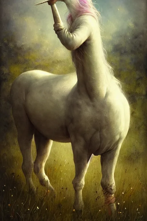 Image similar to a unicorn on the beautiful meadow | esoteric symbolism | jean - baptiste monge, esao andrews, bastien lecouffe - deharme, tim jacobus, ken currie | ultra - detailed realism, soft cinematic lighting, hi - fructose, artstation, high - quality, ink watercolors wes anderson poster art