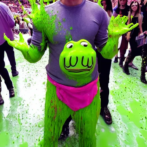 Prompt: Saul Goodman!, covered in green slime!!, ((at the Kid Choice Awards)) , professional photography