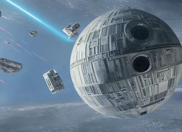 Image similar to film still of the death star hovering above the entire earth in the new star wars movie, 4 k