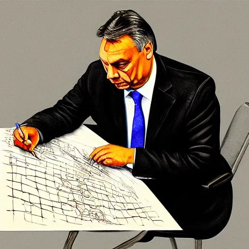 Image similar to viktor orban drawing a map in a cubicle, oil painting