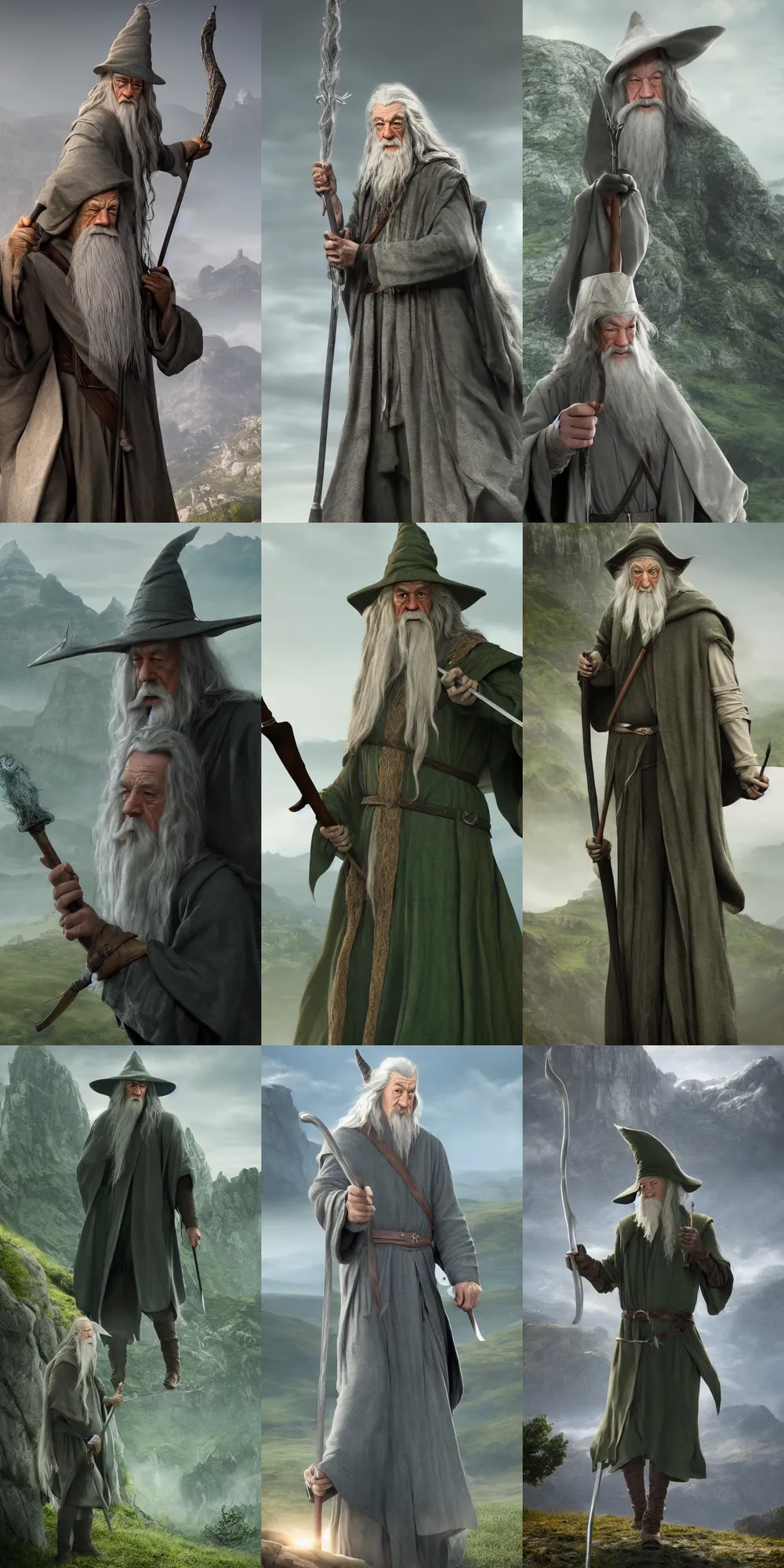 Prompt: character Gandalf Gray with a staff in his hands and a hat, green hills in the background. Detailed and realistic, 4k, top-artstation, inspired lord of the rings, octane render