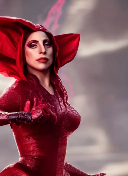 Image similar to screen of lady gaga as the scarlet witch in wandavision, High resolution. Highly detailed. Dramatic. 8k.4k.